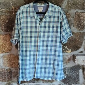 LL Bean Button Up Shirt Mens XL-Reg Plaid Linen Slightly Fitted Short Sleeve